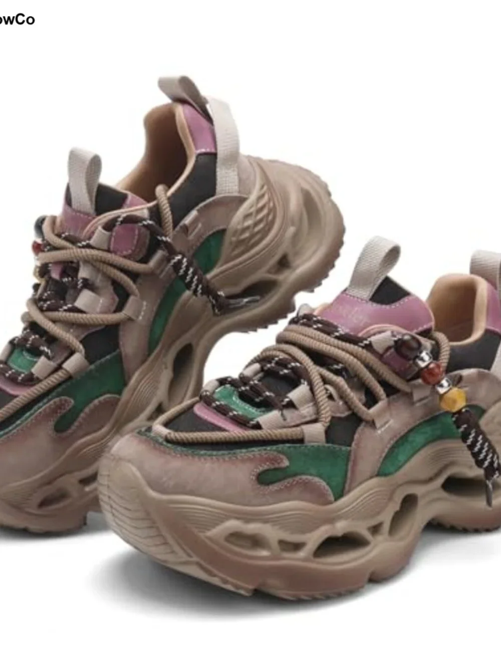 Women's Chunky Platform Sneakers Leather Suede Lace-Up Athletic Walking